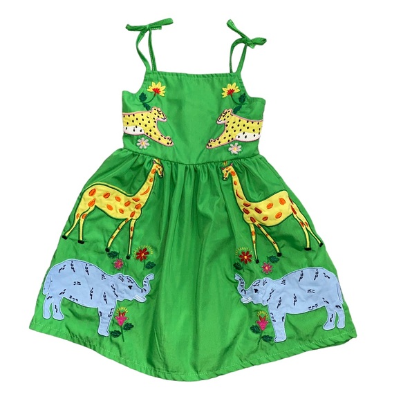 Girls Safari Zoo Animal Embroidered Appliqué Tie Strap Green Vacation Dress - Picture 2 of 6